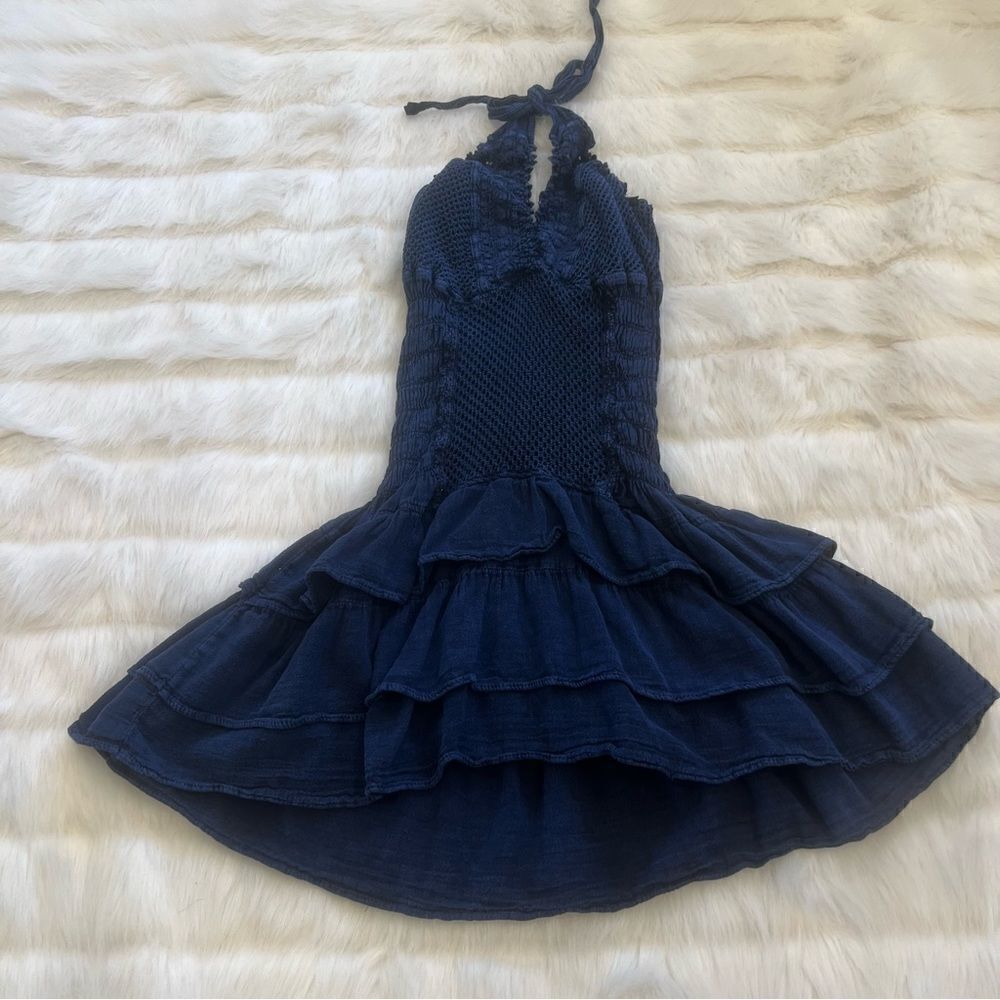 Cotton Collection Denim Ruffle Halter Dress (S)